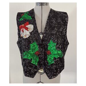 VTG Match Ups by Napco Sz M Satin and Sequined Holly Bells Christmas Vest